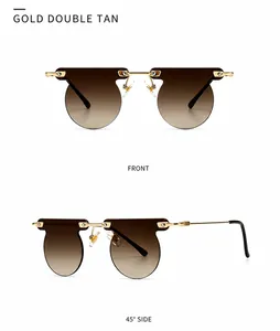Front and side view of gold punk sunglasses with geometric gradient tan lenses