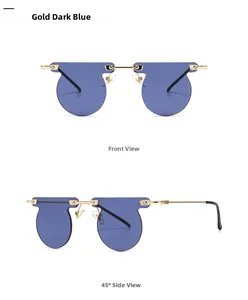 Frameless gold metal sunglasses with dark blue lenses and unique stepped top edge details