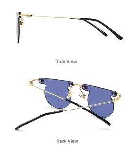 Detail view of gold metal frame sunglasses with blue lenses from side and back angles