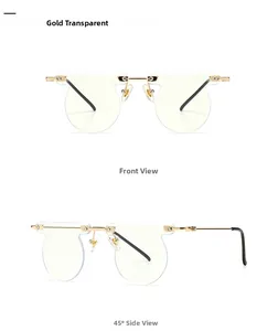 Front and 45-degree side views of gold rimless round sunglasses with transparent lenses