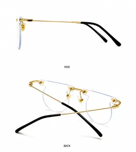 Detail of rimless round sunglasses with gold metal temples and black non-slip eartips