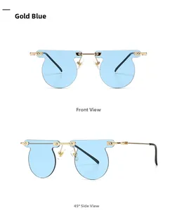 Front and side view of frameless blue tinted sunglasses with gold metal temples