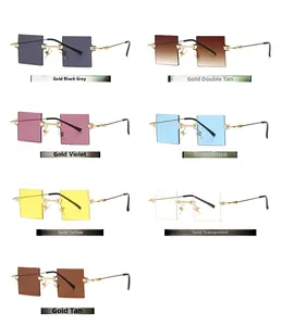 Quadratische randlose Sonnenbrille mit goldenen Metallbügeln in sieben verschiedenen Farben