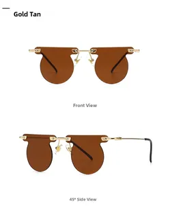 Front and 45-degree side views of gold metal round sunglasses with geometric winged frames
