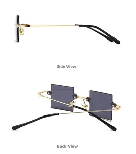 Detailansicht der Metallscharniere und goldene Bügel der randlosen eckigen Sonnenbrille