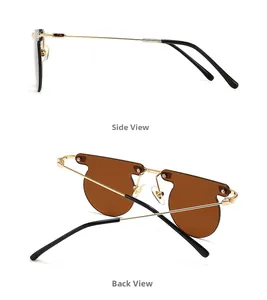 Side and back view of rimless sunglasses with brown lenses and golden metal temples