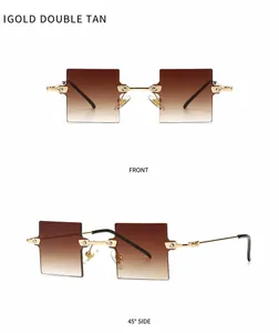 Detaillierte Front- und Seitenansicht der goldenen randlosen Sonnenbrille mit braunem Verlauf