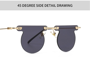 Detailed 45-degree side view of frameless semi-circle sunglasses with gold metal temples