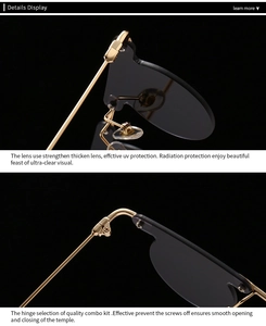 Detail of reinforced metal hinges and thickened UV protective lenses on round sunglasses