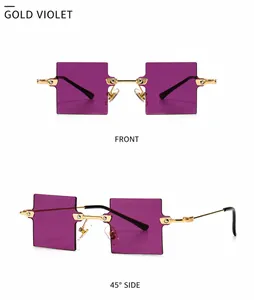 Detailansicht der gold-violetten randlosen Sonnenbrille mit Front- und 45-Grad-Seitenansicht