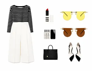 Fashion collage featuring striped top, wide-leg pants, and stylish rimless sunglasses