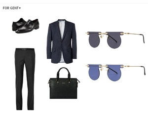Flat lay of mens business fashion items including brogue shoes and rimless sunglasses