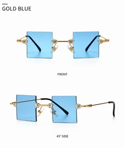 Detailansicht der modernen gold-blauen randlosen Sonnenbrille mit Front- und Seitenprofil
