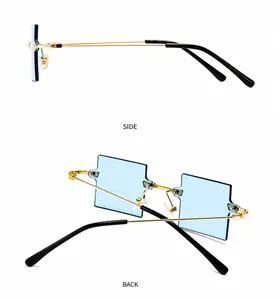 Detailansicht der Seiten- und Rückseite der randlosen blauen Sonnenbrille mit Goldrahmen