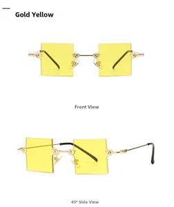 Detailansicht der quadratischen rahmenlosen Sonnenbrille in Goldgelb mit Metallbügeln