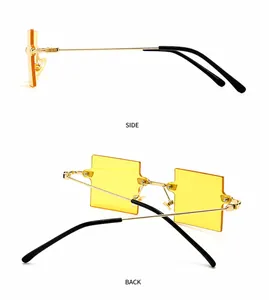 Seiten- und Rückansicht der gelben randlosen quadratischen Sonnenbrille mit Goldrahmen