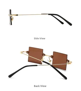 Detaillierte Seiten- und Rückansicht der randlosen Dreiecks-Sonnenbrille mit Goldbügeln
