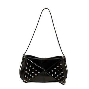 Black glossy leather punk baguette bag with silver studs and triangle flap detail