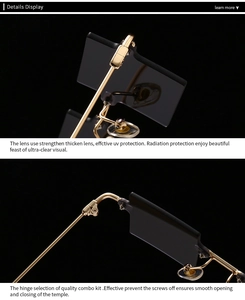 Detailansicht der UV-Schutzgläser und verstärkten Gold-Scharniere der Dreiecks-Sonnenbrille