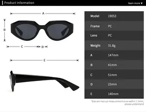 Size chart for model 19053 square sunglasses with frame and lens measurements in millimeters