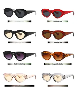 Macro view showing eight stylish geometric cat-eye sunglasses in various colors