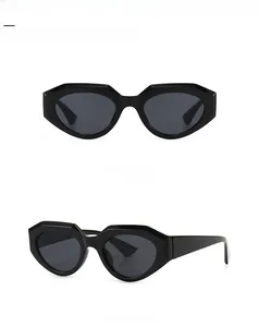 Front and side view of black geometric square sunglasses with dark grey lenses