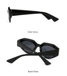 Side and back view of fashion square sunglasses featuring wide temples and dark lenses