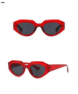 Front and 45-degree side view of trendy red square sunglasses with dark black lenses