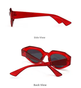 Detail view of stylish square red sunglasses showing metal hinge and side profile