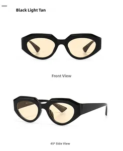 Macro detail of geometric square sunglasses with black frames and light tan lenses