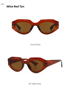 Detail view of retro square sunglasses in wine red finish and tan lenses at various angles