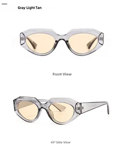 Front and 45-degree side view of grey transparent geometric cat eye sunglasses