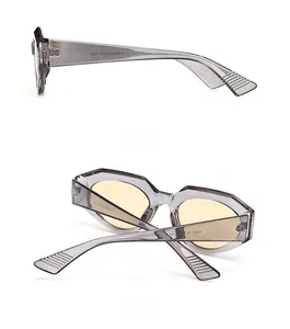 Side and back view of retro square metal-inlaid sunglasses with grey frames and yellow lenses