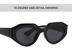 Close-up of modern geometric sunglasses with a 45-degree angle view of the black frames