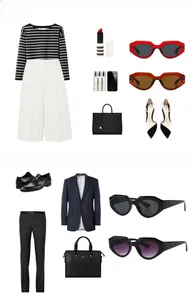 Flat lay of retro square sunglasses with metal inlay styled with modern apparel pieces