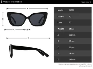 Detailed sizing chart and physical dimensions for modern retro cat-eye sunglasses