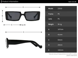 Detailed size chart for retro rectangular sunglasses showing dimensions and PC material info