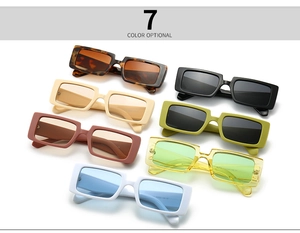 Detailed grid of rectangle frame sunglasses in seven vintage-inspired colors