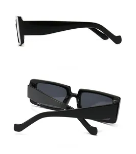 Side and back view of retro black rectangular sunglasses with glossy finish frames