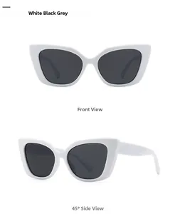 Front and side view of white cat-eye sunglasses with dark grey lenses and a V-logo design