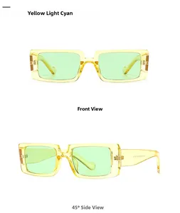 Front and side view of retro rectangular sunglasses with yellow frames and light cyan lenses