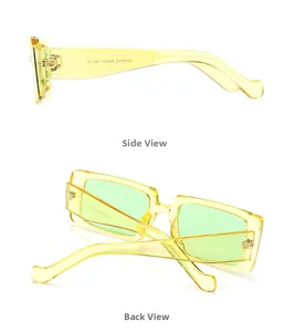 Detail view of KLJ1010 retro square sunglasses with yellow frames and green lenses