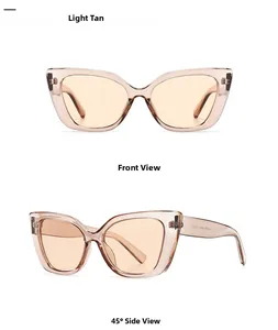 Macro detail of cat-eye sunglasses in light tan transparent frames with side view