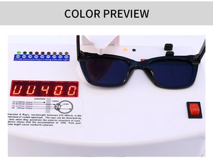 Test di protezione UV400 per occhiali da sole neri che mostra le prestazioni anti-UV