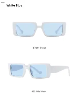Detail views of retro rectangular white sunglasses with light blue lenses and wide arms