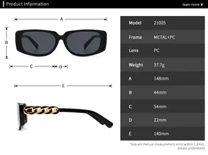 Detailed dimension chart showing frame width and lens height for square fashion sunglasses