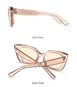 Detail view of tea-colored cat-eye sunglasses with translucent frame and CE marking