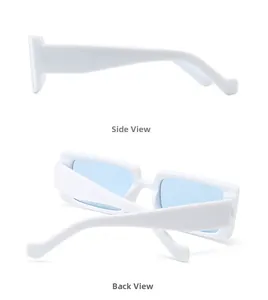 Detail view showing side and back angles of white rectangular sunglasses with blue lenses