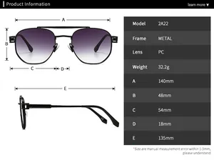 Detailed technical size chart for metal frame sunglasses showing lens and frame dimensions