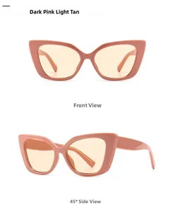 Front and 45-degree angle views of dark pink cat eye sunglasses with light tan lenses